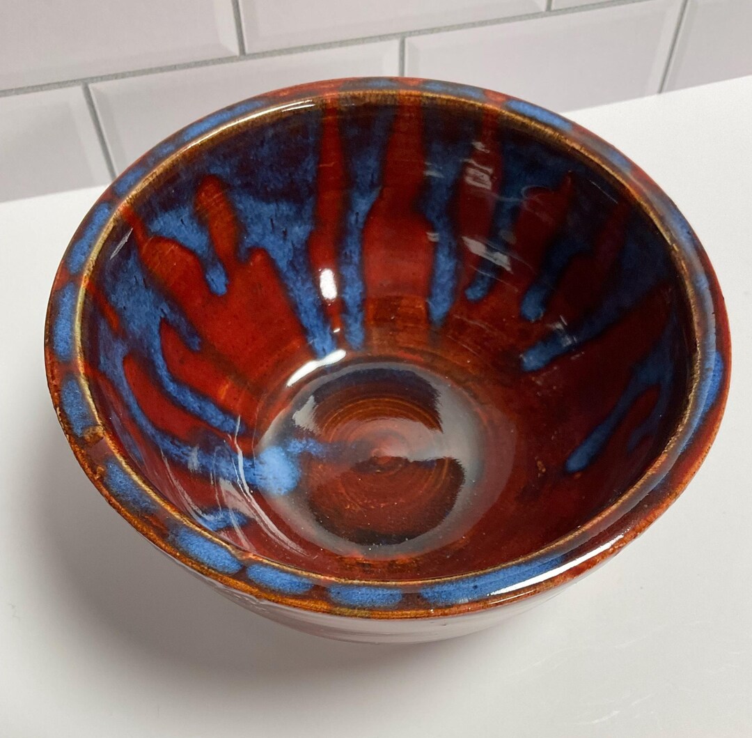 Wheel Thrown Ceramic Red Blue Drips Bowl Planter Dish Handmade Pottery ...