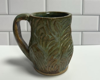 Hand-Thrown Stoneware Mug: Textured Carved Coffee Tea Cup (7 oz)