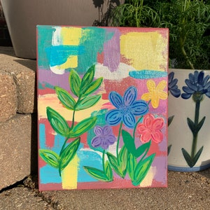Multicolored Original Abstract Acrylic Flower Painting On Stretched Canvas Wall Art