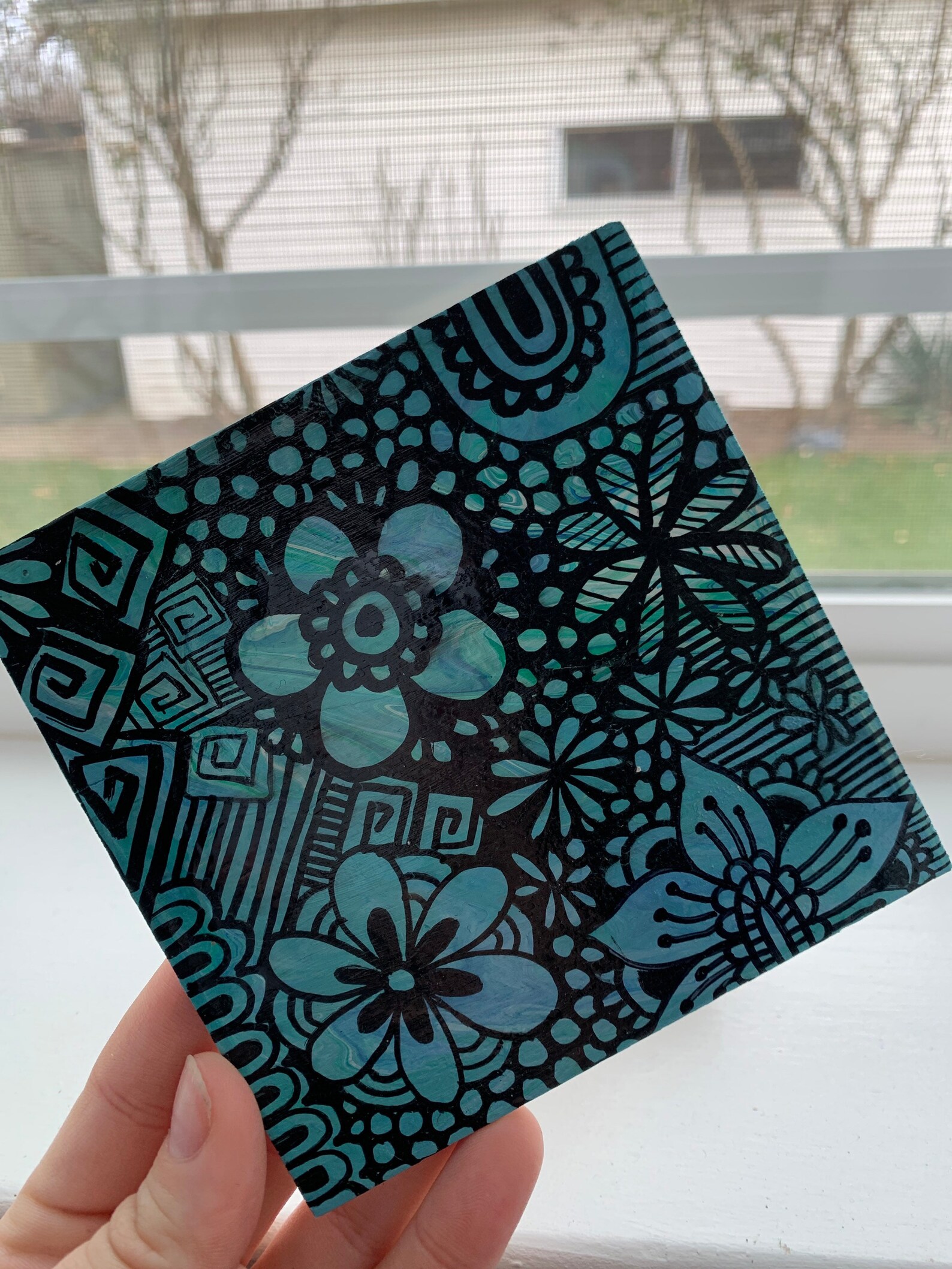 Flower Zentangle Shelf Art Patterned Wood Piece 4.5 by 4.5 Square Blue