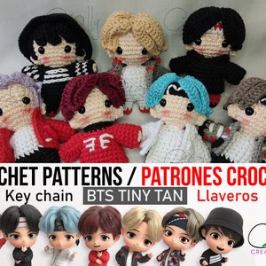 Crochet PATTERNS - 7 members of BTS, keychain Tiny Tan version - PDF tutorial English/Español - Digital instant download pattern