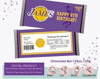 Etichetta Hershey ispirata ai Basketball Lakers - Etichetta di compleanno stampabile digitale - Etichetta di cioccolato, caramelle