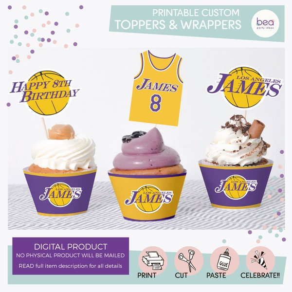 Basketball Lakers inspired Cupcake Topper and Wrapper Label - Digital Printable Birthday tag