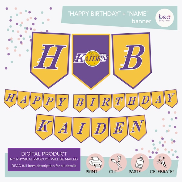 Basketball Lakers inspired Banner - Digital Printable Birthday Banner Garland Bunting