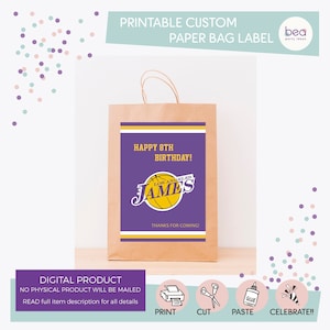 Etichetta per borsa di carta ispirata ai Basketball Lakers - Etichetta per borsa da pranzo in carta stampabile digitale