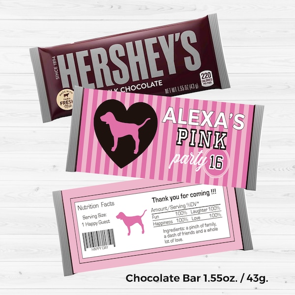 Victoria Secret Pink Hershey Label, Victoria Secret Pink Digital Printable Hershey Wrapper, Pink favor, party ideas, Pink birthday