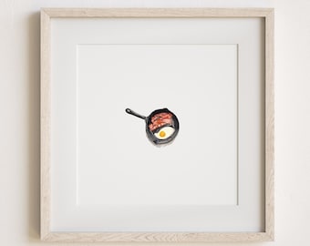 Miniature Bacon and Eggs Breakfast Skillet Watercolor Painting Print
