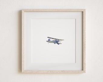 Miniature Blue Airplane Watercolor Painting Print