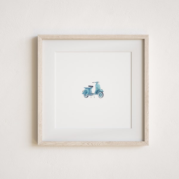 Miniature Blue Scooter Moped Bike Watercolor Painting Print