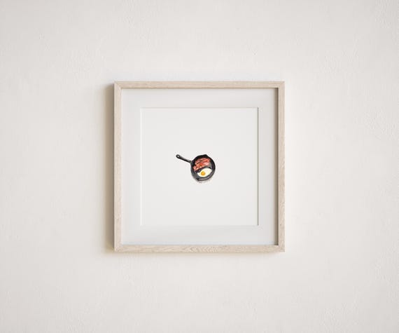 Miniature Bacon and Eggs Breakfast Skillet Watercolor Painting Print
