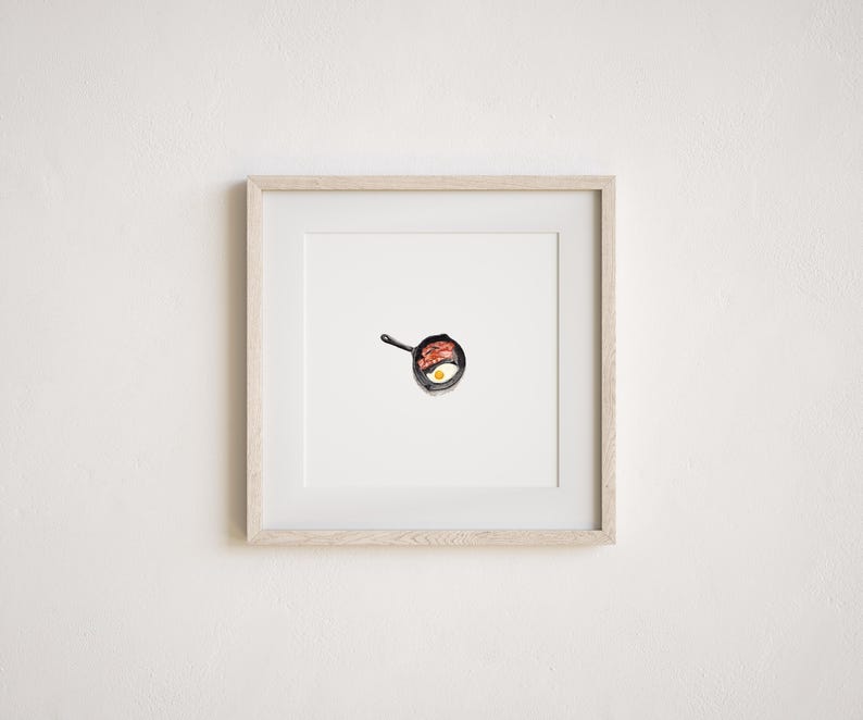 Miniature Bacon and Eggs Breakfast Skillet Watercolor Painting Print image 1