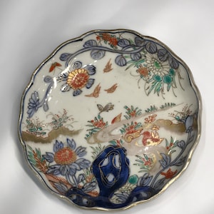 Japanese Meiji period Imari ware set of 5 plates｜Butterfly and flower gold brocade plate｜Width 11.7 cm