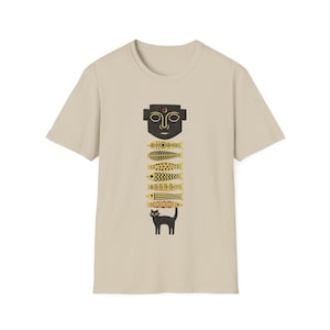 Maglietta con gatto totemico primitivo, maglietta grafica tribale folk art, design minimalista etnico animale, maglietta boho con gatto, stile folk scandinavo