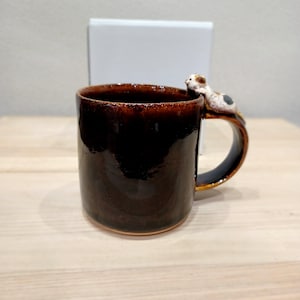 Handmade Japanese Ceramic Cat Mug by Hakuaki | Calico Cat Figurine on Handle | Unique Pottery Coffee Tea Cup