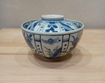 Antique Japanese Ko-Imari Lidded Bowl | Blue and White Edo Period Porcelain | Bird, Flower & Insect Motif | 18th–19th Century