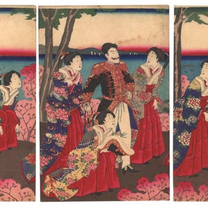 Original Ukiyo-e Triptych by Kunimasa II | “Scenic View of Maruyama, Shiba Park” | 1880 Meiji Woodblock Print | Japanese Antique Art