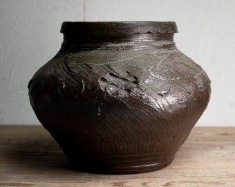 常滑焼 澤田重治作 壺 – 茶と緑の釉薬を施した日本の陶器、侘び寂びの