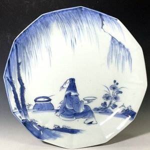 Old Imari/Blue & white plate/ Illustration of &quot;Flower viewing under the tree&quot; / Late Edo period