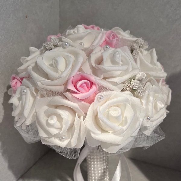 First Communion Rose bouquet, 9" pink and white, soft and sweet, pearls, Bridesmaid, Flower Girl, Quinceanera. Sweet 16