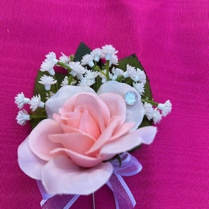 Boutonniere, pink and white with coordinating wrist corsage available, Prom boutonniere, wedding boutonniere, Homecoming boutonniere