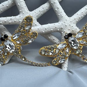 Dragonfly brooch, Large 4 inch dragonfly pin, grooms lapel pin, gift for mom, clear stones and black eyes on gold setting,