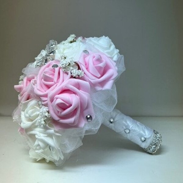 Pink and white Bouquet 9 inch, real touch roses, Communion bouquet, Quince bouquet, butterfly embellishment