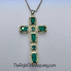 Emerald green Cross, 2 inch gold plated cross, 16+inch adj chain, religious jewelry, gift for her, Communion gift, Confirmation gift