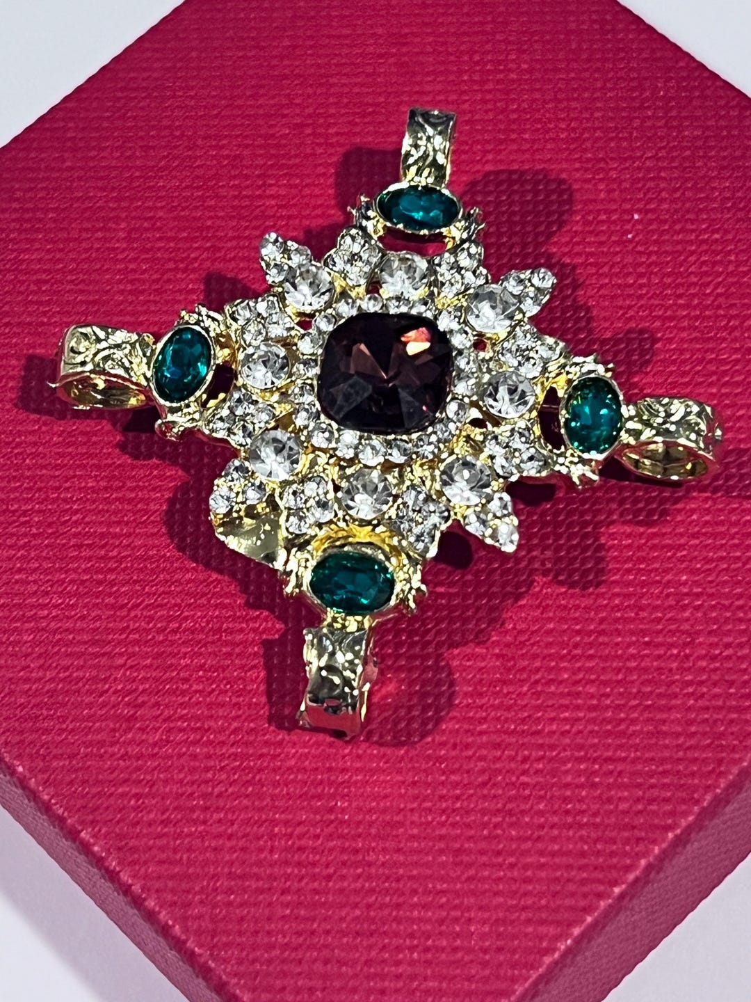 Baroque Cross, Gold Tone 2 Inch Cross, Faux Emerald Green Ruby Diamond ...