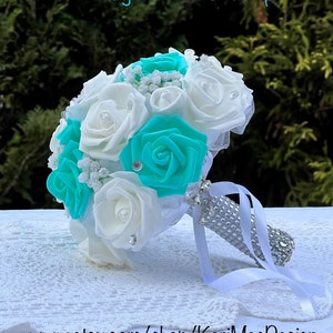 Communion bouquet, Wedding, Turquoise blue and white real touch roses, 9 inch, rhinestone, bling bouquet