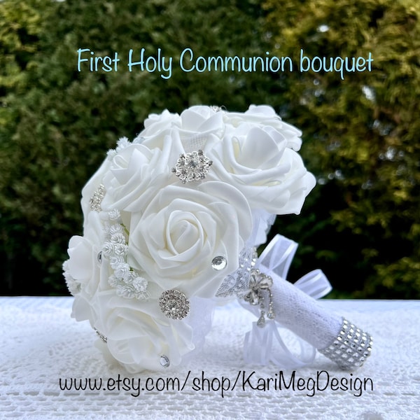 All White First Holy Communion bouquet, 9”, brooch bouquet, real touch roses, rhinestones, broach
