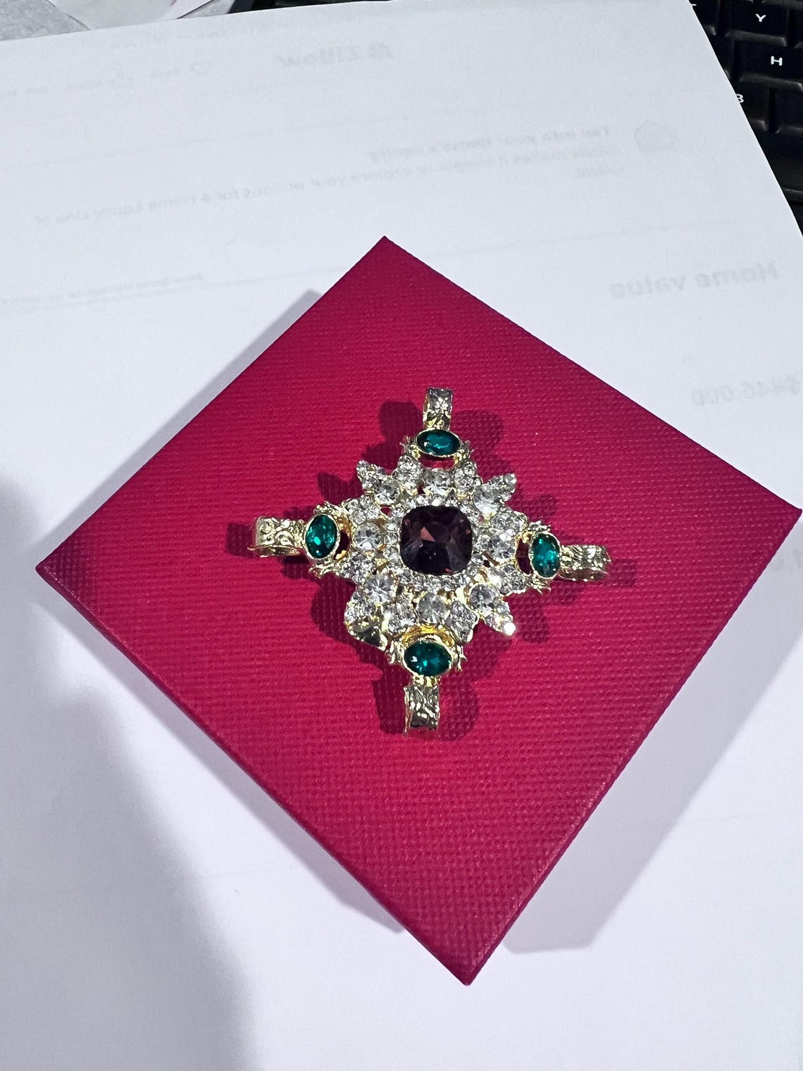 Baroque Cross, Gold Tone 2 Inch Cross, Faux Emerald Green Ruby Diamond ...