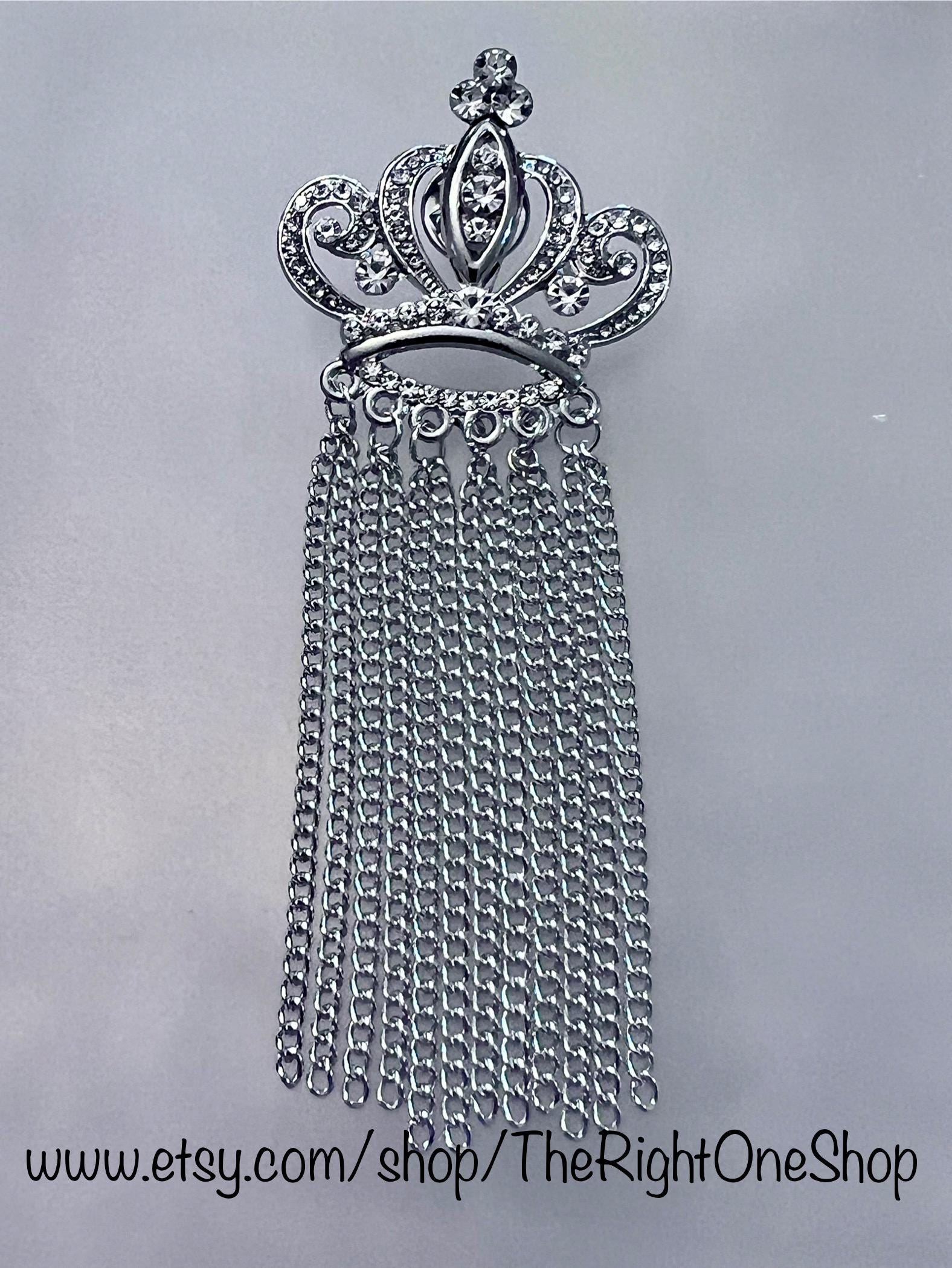 Crown and tassel lapel pin, silver tone crown pave crystals, movable tassel tie tack pin, mens jewelry