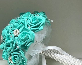 Turquoise blue bouquet, 9 inch, pearl brooches and pearl garland, bridesmaid, Quince bouquet, real touch roses