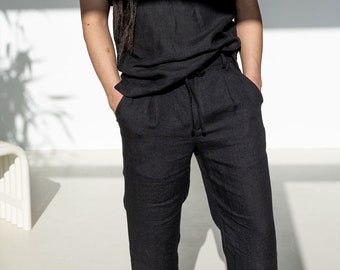 Pantaloni da uomo in lino, pantaloni in lino a gamba affusolata, pantaloni in lino dalla vestibilità comoda con coulisse, pantaloni da casa in lino da uomo
