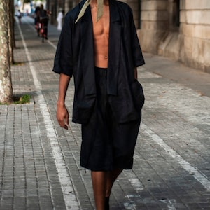 Men's linen shorts, Lounge culottes with drawstring, Cropped linen trousers, Wide leg short for men, Leisurewear Black shorts TORO