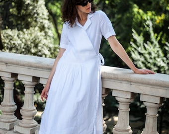 Linen Wrap Dress for Women, Midi Linen weding Dress, Short Sleeve Wrap Dress, Collar Dress, Summer Linen Dress, Capsule summer Wardrobe