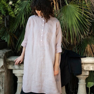 Minimalist boxy linen tunic dress with  three-quarter sleeves, side pockets and a partial button closure - AIMI