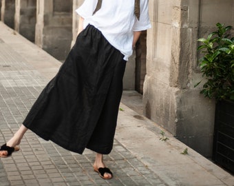 Summer linen culottes with side pockets, Women's linen wide-leg pants, Skirt-like linen pants with elastic and pockets, Linen trousers AIKO