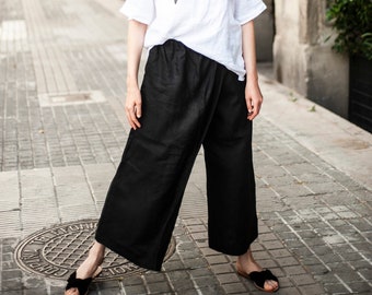 Women's linen palazzo pants, Maxi linen skirt pants with pockets, Women's culottes with elasticated waistband, Linen pants AIKO