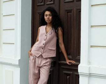 Elegant linen waistcoat for women, Dusty pink linen vest, Single-breasted linen suit ves with waist ties in the back, Linen sleeveless top