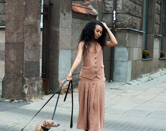 Women's linen suit vest, Classic linen tailored vest, Minimalist linen waistcoat with cinched back, Sleeveless linen top for women