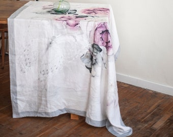 Peony print heavy French linen tablecloth, wedding gift for couple, organic, sustainable, durable, housewarming Gift, pure heavy linen