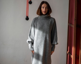 Grey knitted wool dress with puff sleeves, Merino wool sweater dress, Turtleneck dress, Winter dress with high neck, Long jumper dress