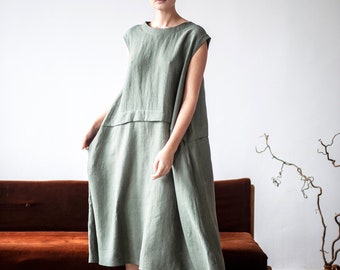 Medium length linen dress, Flowy sleeveless linen dress, Elegant linen pregnancy dress, Crewneck linen dress with pockets