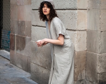 Womens maxi linen dress, Loose fit linen dress, Linen maternity clothes, Soft linen long dress with pockets AKIRA