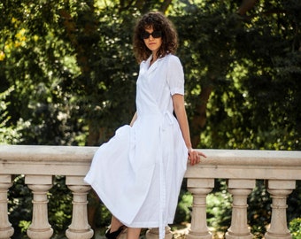 White line wrap dress, Short sleeve linen dress, Tea-lengh linen dress with gathered waist, Linen smock dress