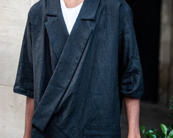 Men's Linen Jacket, Kendo Style Linen Blazer With Button