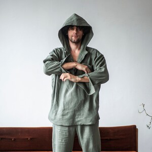 Linen yoga suit for men, hooded jacket, loose fit pants,  tracksuit for men, lounge set, 2 piece men linen set