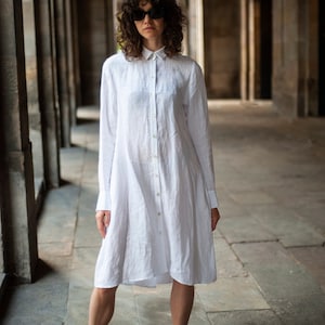 White long linen shirt dress with long sleeves,Loose fit linen lounge midi lengths relaxed tunic,Button up beach caftan cover up dress DOLLY