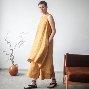 Set of long tunic dress and wide leg culottes, summer linen clothing, flax for women, 2 piece women summer set